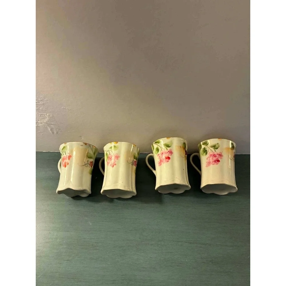 Vintage Porcelain Demitasse Cups Set of 4 Pink Floral Gold Trim Tea EspressoCups